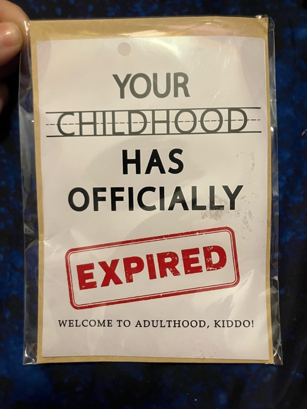Humorous 'Your Childhood Has Officially Expired' Card - White and Red